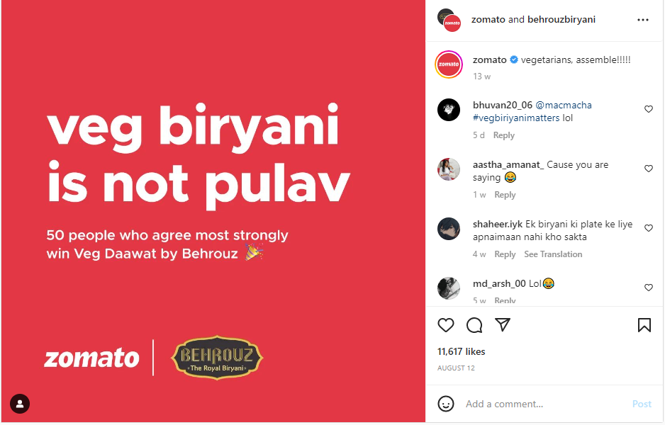 the Instagram post of collaboration between Zomato and Behrouz Biryani